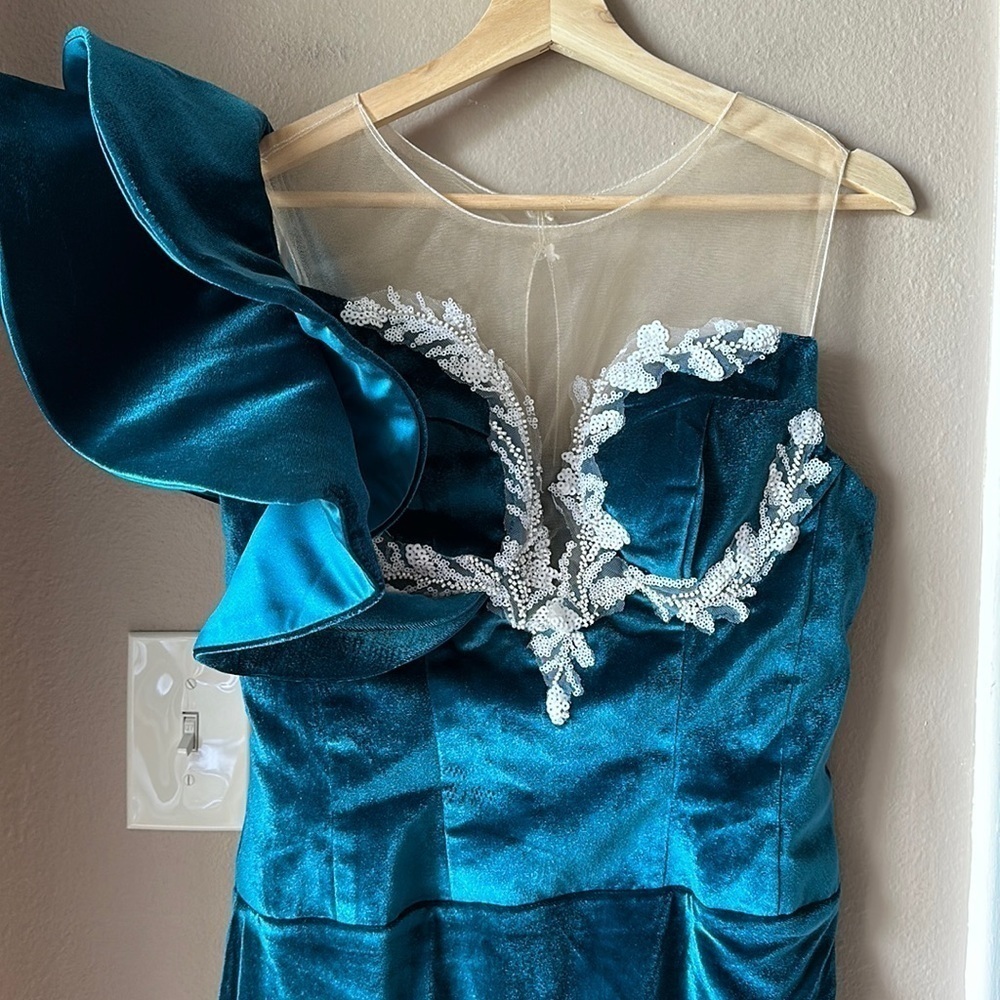 Teal One-Shoulder High-Low Dress with Beaded Illusion Bodice